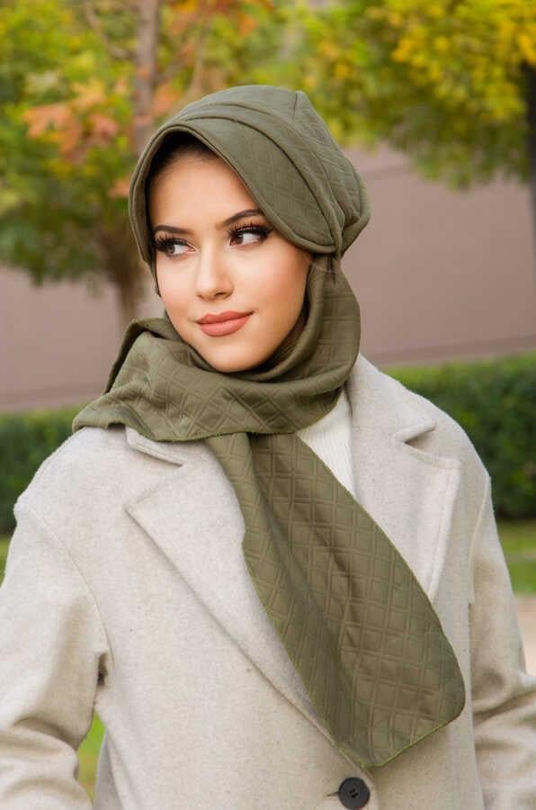 Haki Kapitone Atkılı Tesettür Şapka