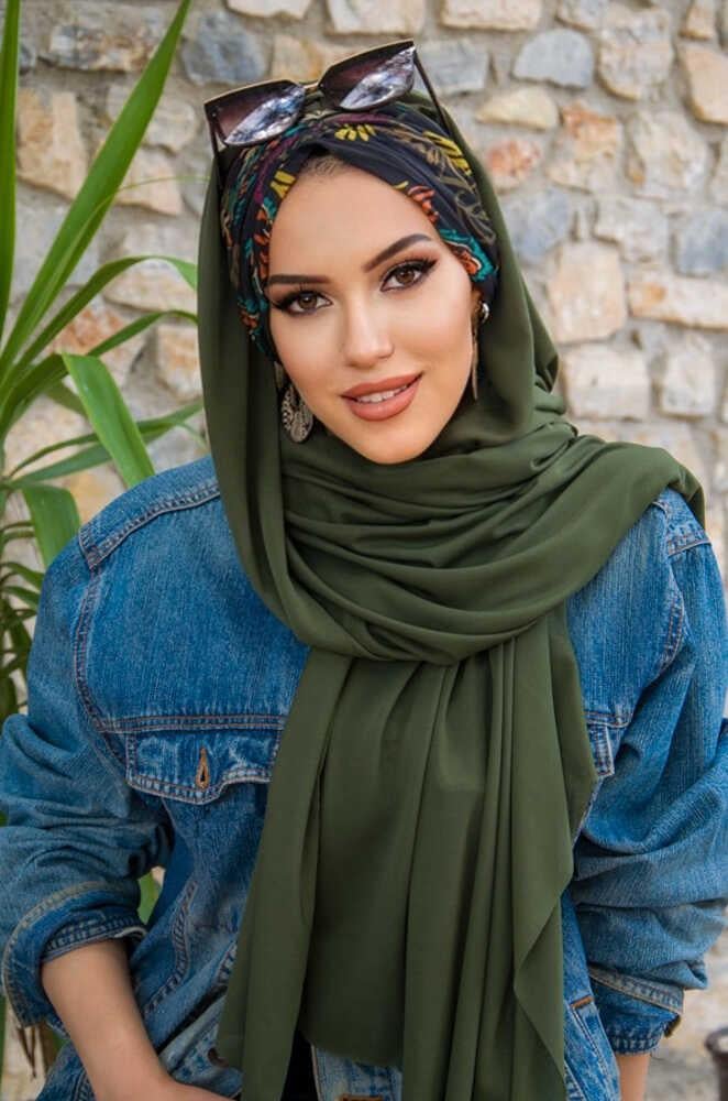 Haki Siyah Çiçek Desen Hazır Şal