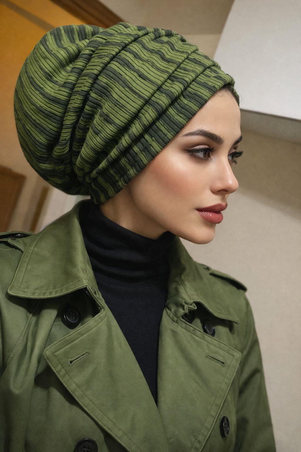 Haki Siyah Desen Büzgülü Salaş Bone