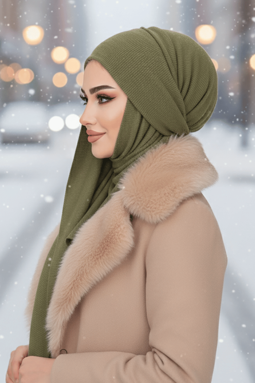 Haki Triko Kelebek Bone Şal