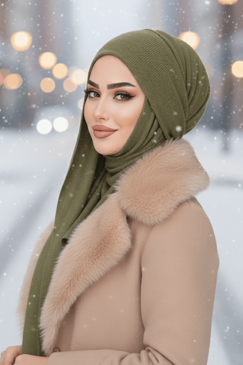 Haki Triko Kelebek Bone Şal