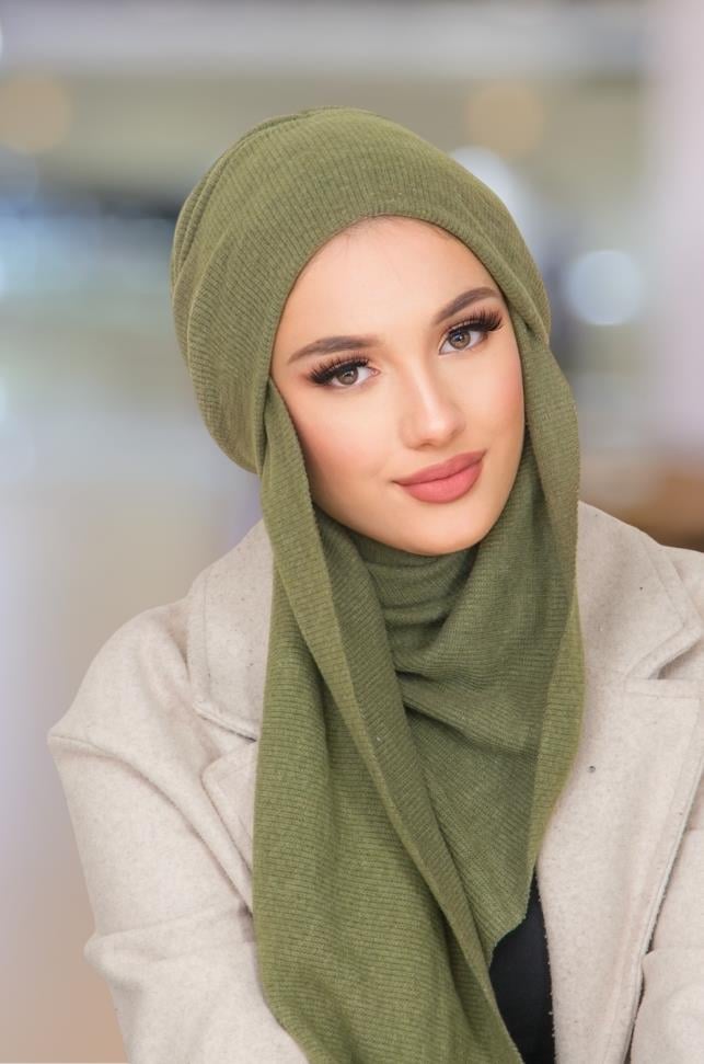 Haki Triko Kelebek Bone Şal