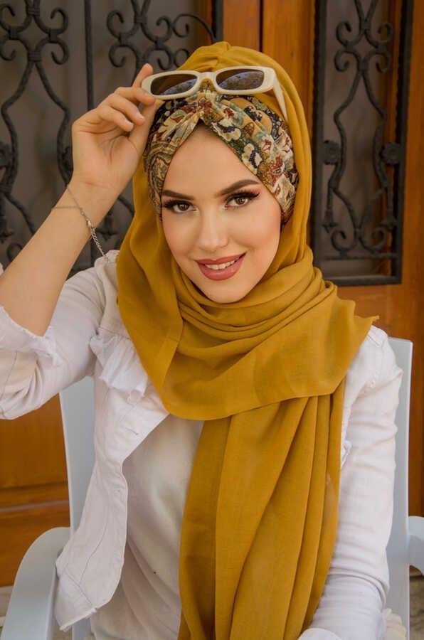 Hardal Etnik Desen Büzgülü Hazır Şal