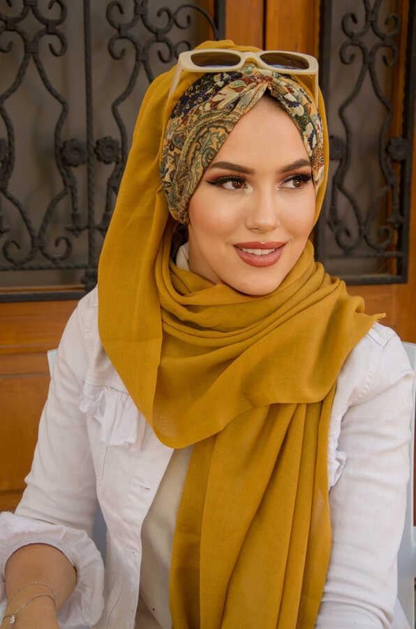 Hardal Etnik Desen Büzgülü Hazır Şal