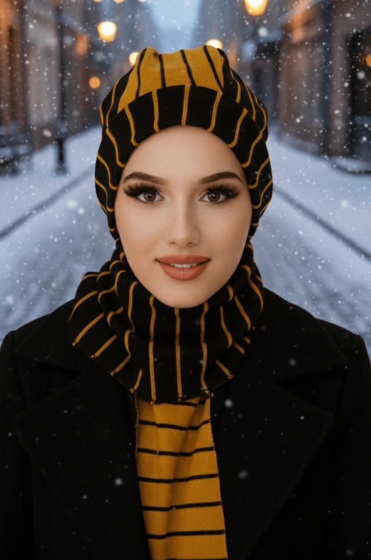 Hardal Siyah Çizgili Tesettür Bere