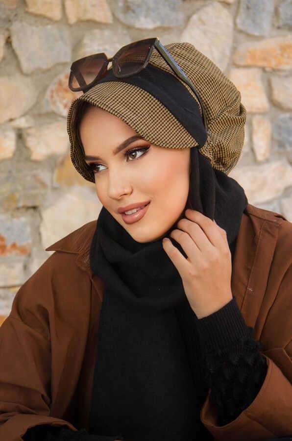 Hardal Siyah Kare Desen Tesettür Şapka