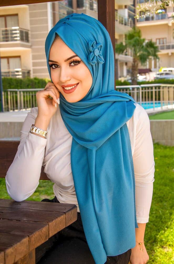 İndigo Çiçekli Pratik Şal