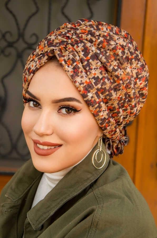 Kahve Geometrik Desen Tokalı Bone