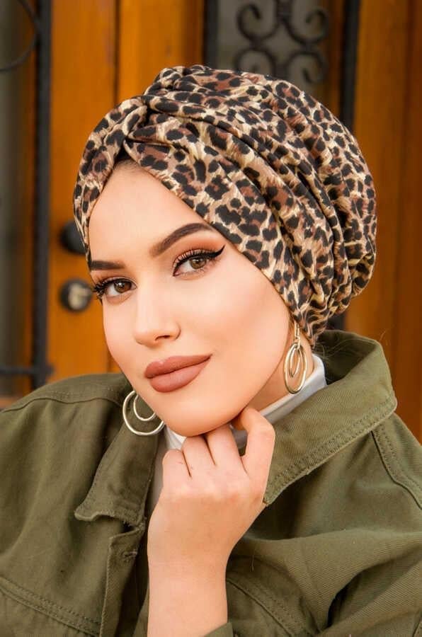 Kahve Leopar Desen Burgu Model Dolgulu Bone