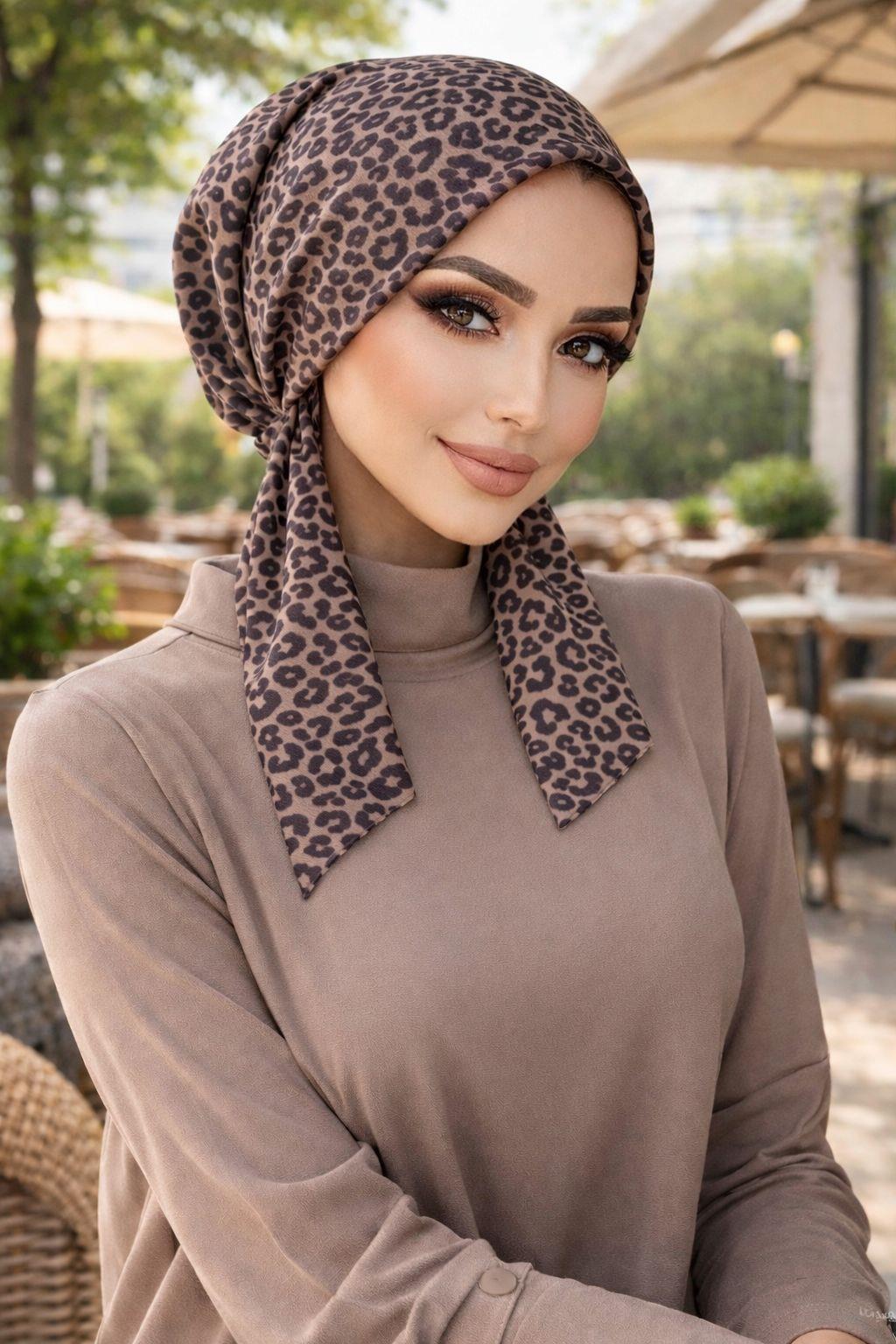 Kahve Leopar Eşarp Bone