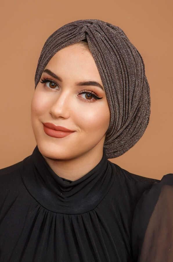 Kahve Simli Piliseli Kelebek Model Büzgülü Abiye Bone Şal