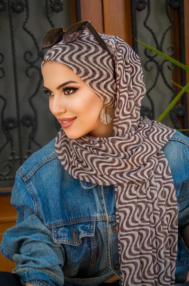 Kahve Taş Helezon Desenli Bone Hazır Şal