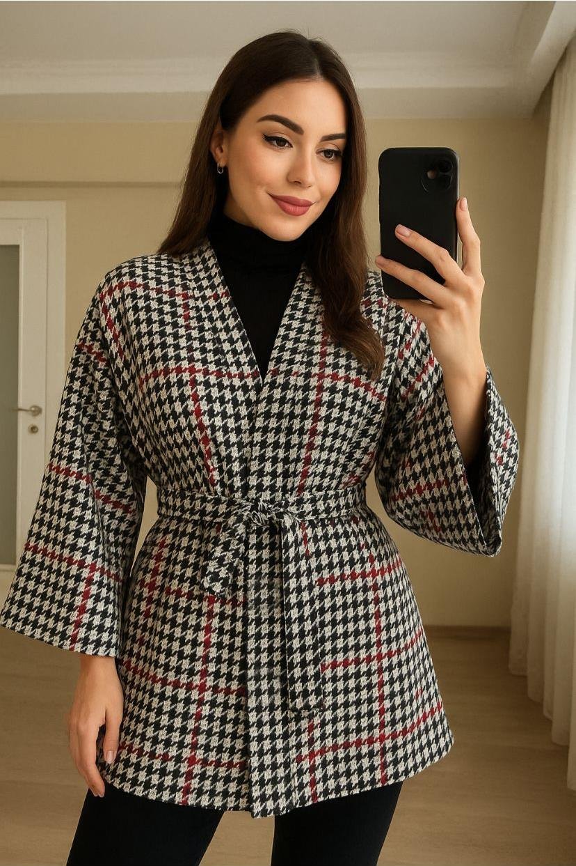 Kaşe Kazayağı Desen Kuşaklı Kimono Ceket / Kışlık Ürün