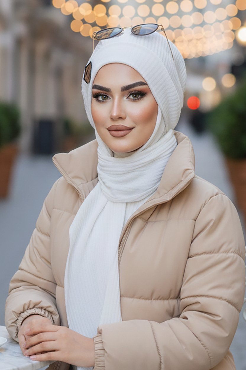 Kırık Beyaz Fitilli Armalı Tesettür Bere