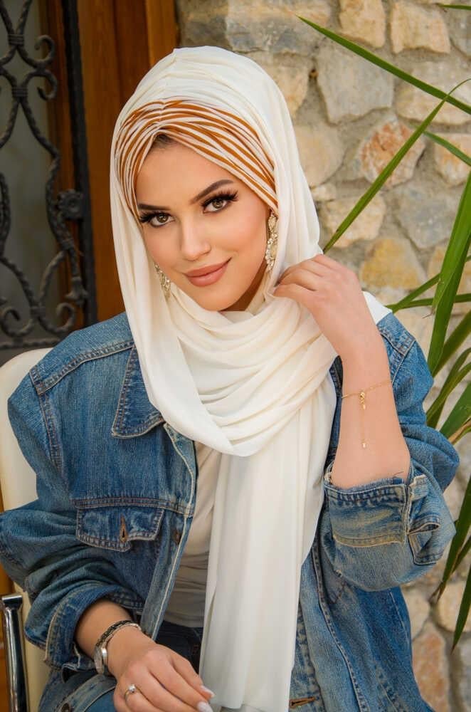 Kırık Beyaz Taba Çizgili Hazır Şal