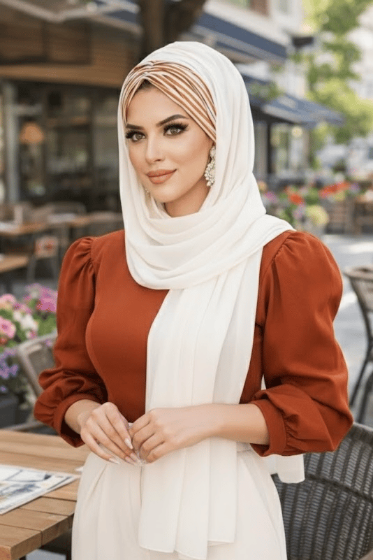 Kırık Beyaz Taba Çizgili Hazır Şal