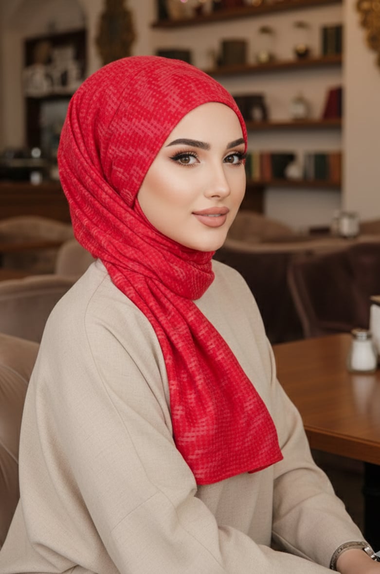 Kırmızı Desen Kışlık Kelebek Bone Şal