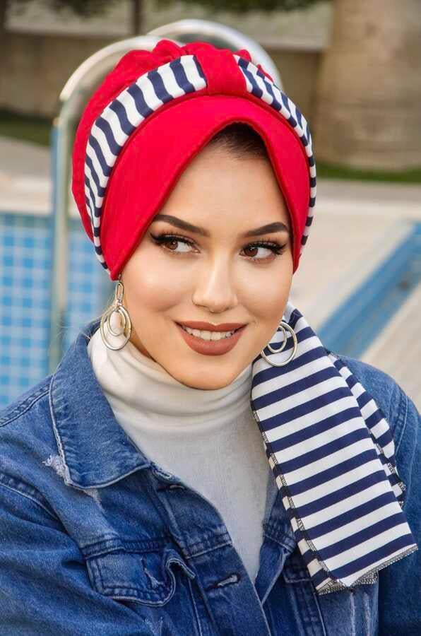 Kırmızı Lacivert Çizgili Desen Fularlı Şapka Bone