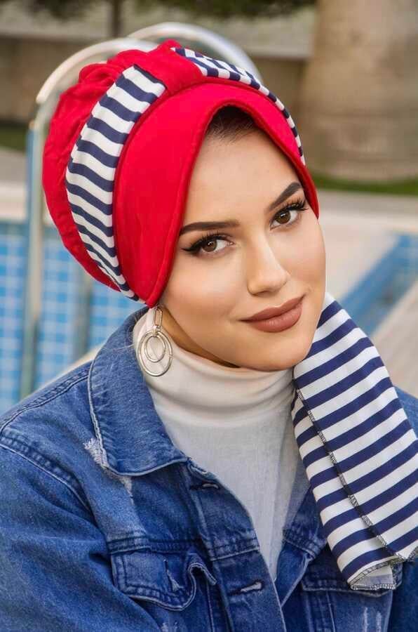 Kırmızı Lacivert Çizgili Desen Fularlı Şapka Bone