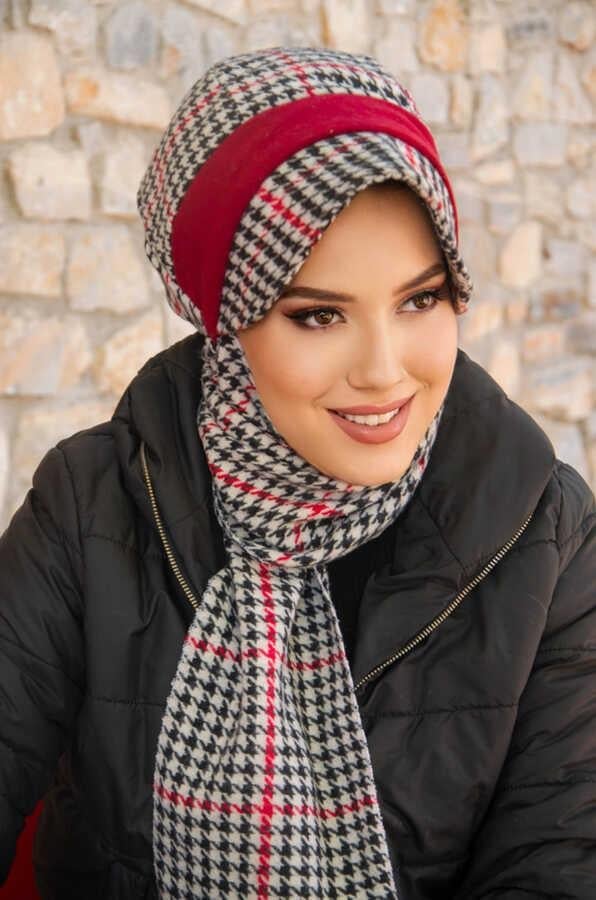 Kırmızı Siyah Kazayağı Desen Tesettür Şapka