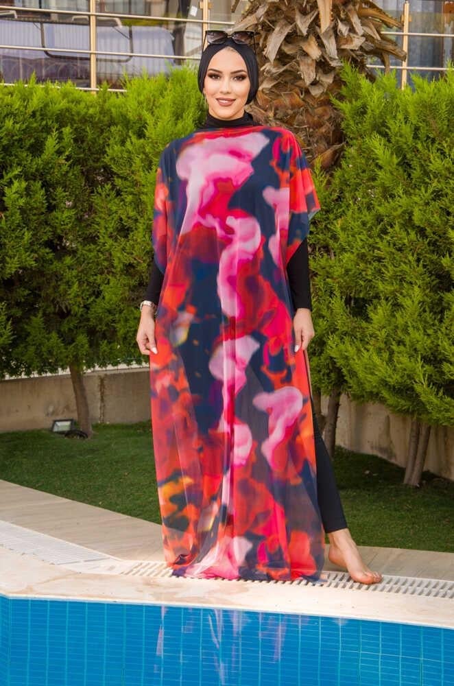 Kırmızı Tonlu Batik Desenli Tesettür Pareo