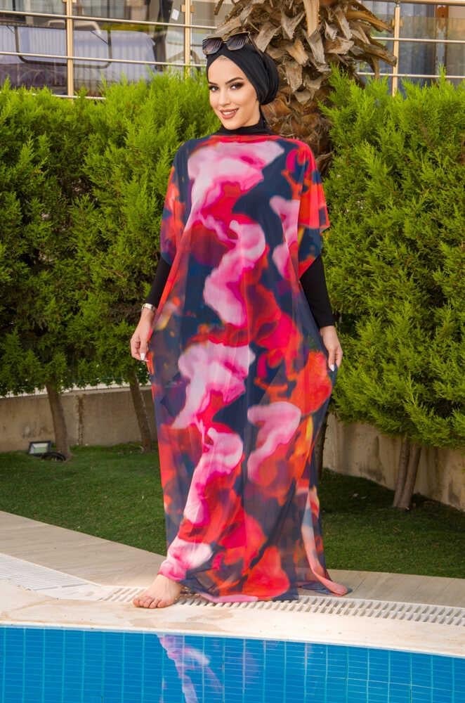 Kırmızı Tonlu Batik Desenli Tesettür Pareo