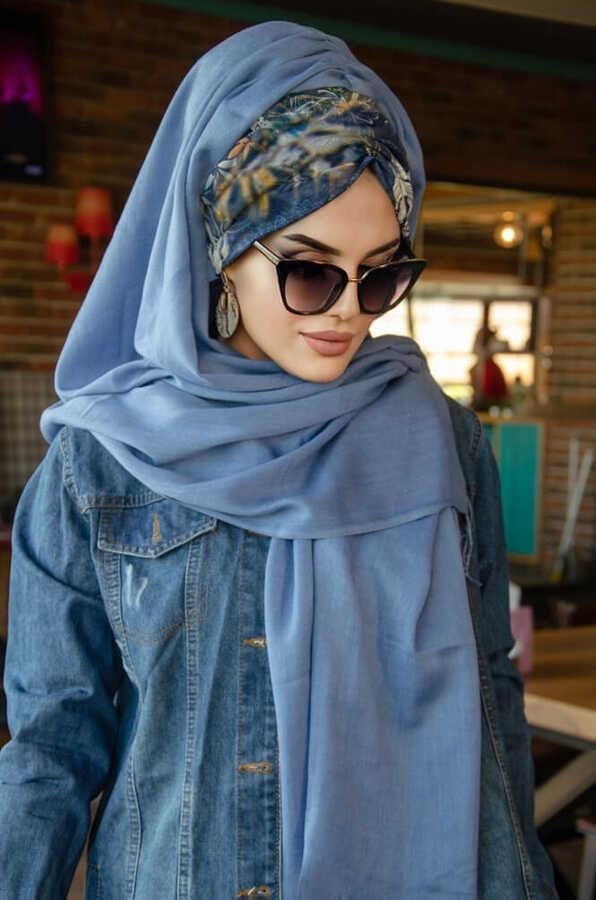 Kot Mavi Çiçek Desen Hazır Şal