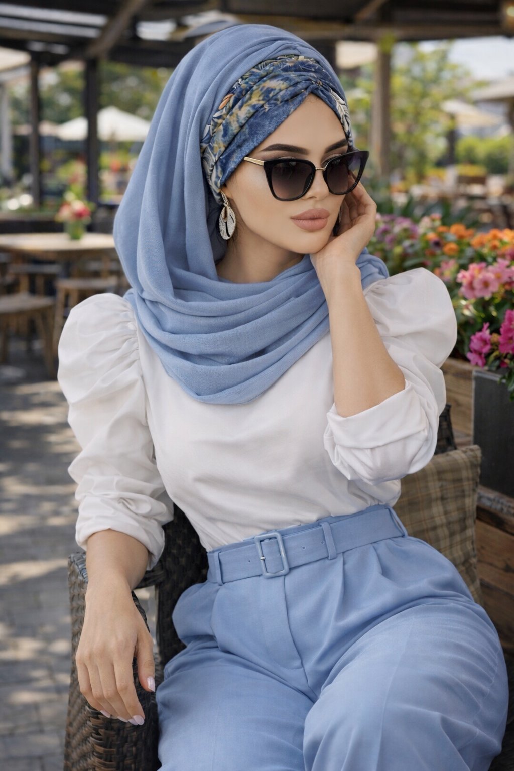 Kot Mavi Çiçek Desen Hazır Şal