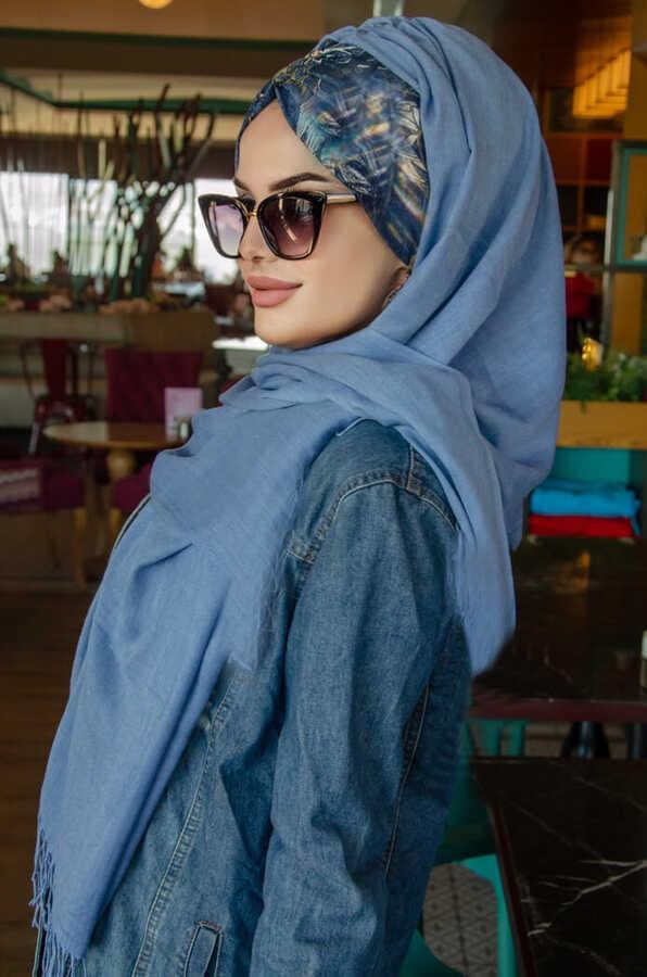 Kot Mavi Çiçek Desen Hazır Şal