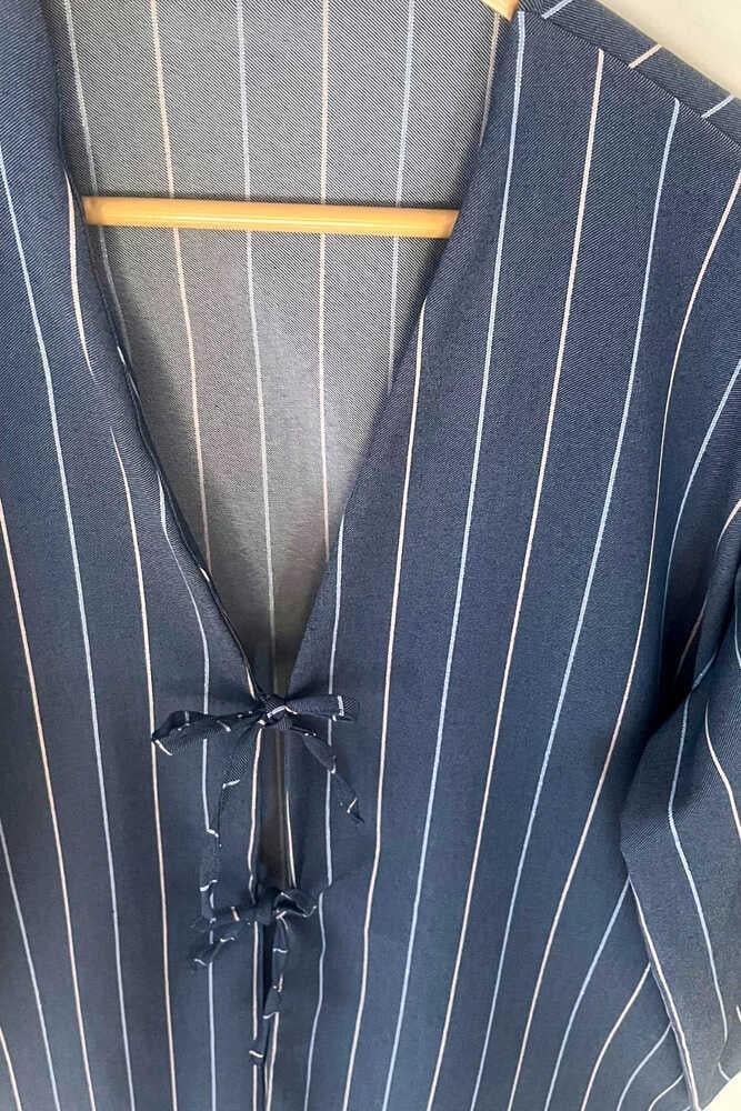 Kot Mavi Çizgili Önü Bağlamalı Kimono Tunik / 85 CM BOY