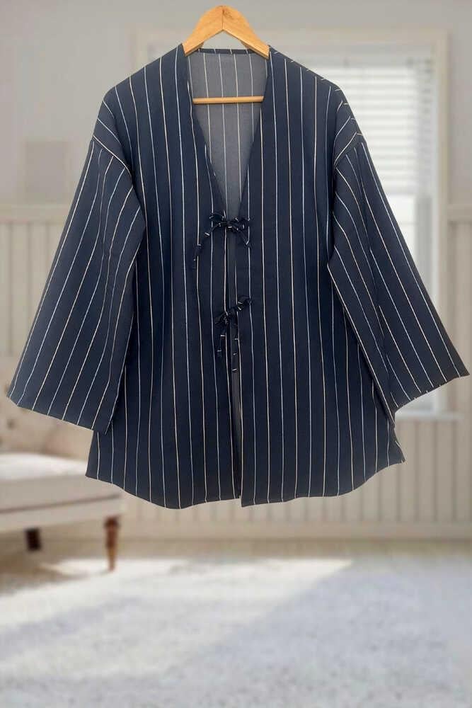Kot Mavi Çizgili Önü Bağlamalı Kimono Tunik / 85 CM BOY