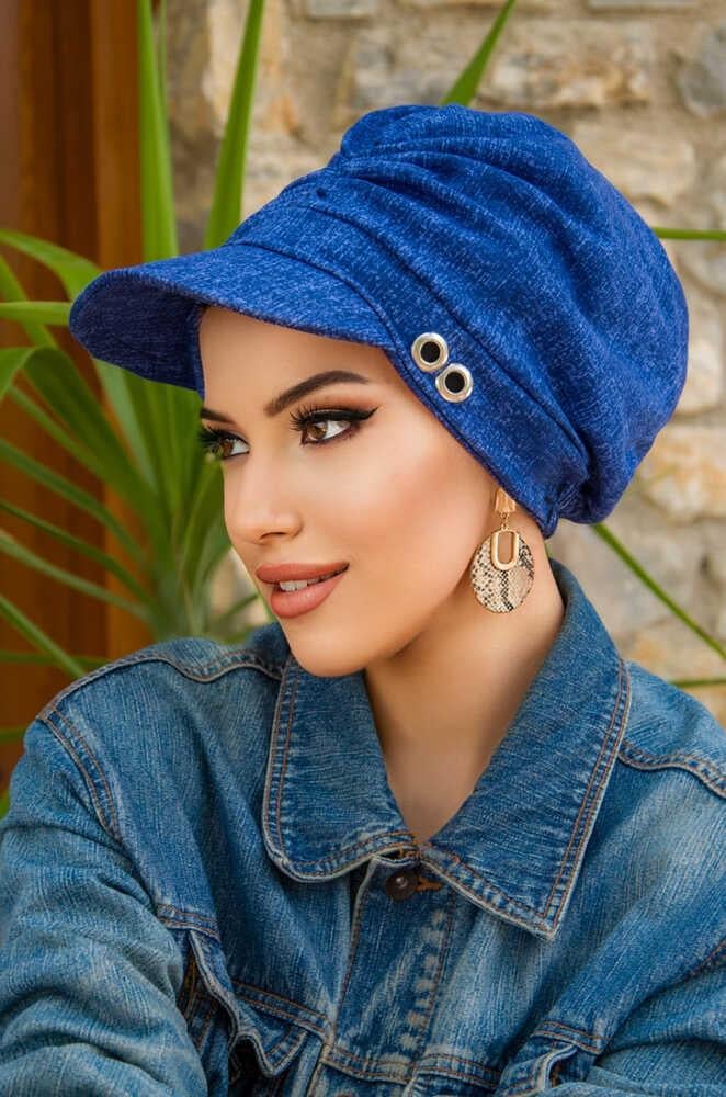Kot Mavi Desen Metal Detaylı Tesettür Şapka Bone