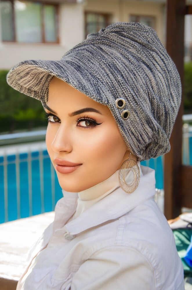 Kot Mavi Melanj Metal Detaylı Tesettür Şapka Bone