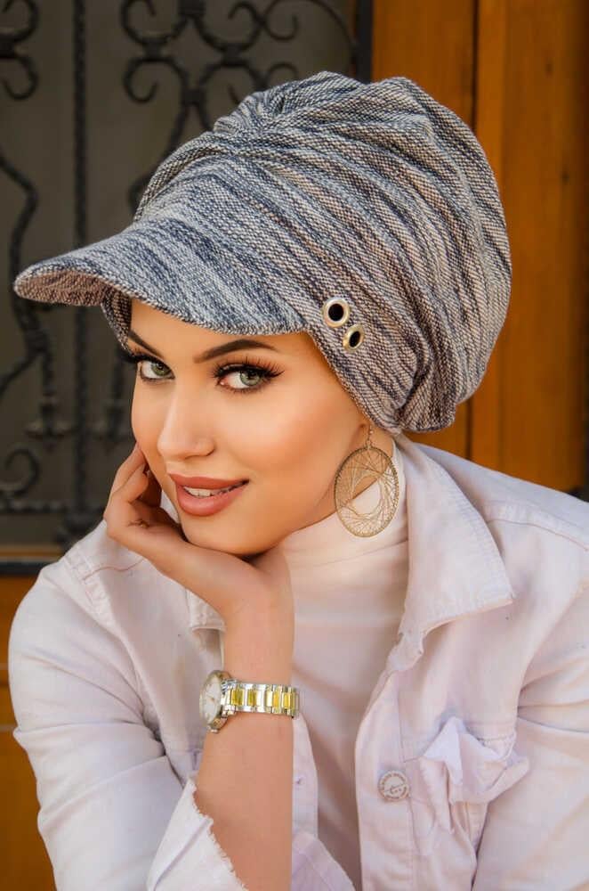 Kot Mavi Melanj Metal Detaylı Tesettür Şapka Bone