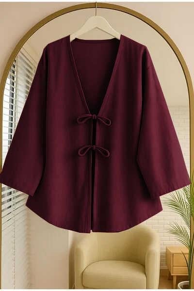 Koyu Bordo Önü Bağlamalı Kimono Tunik / 85 CM BOY