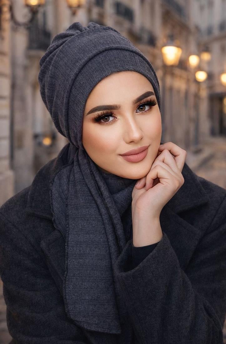 Koyu Gri Triko Atkılı Tesettür Bone