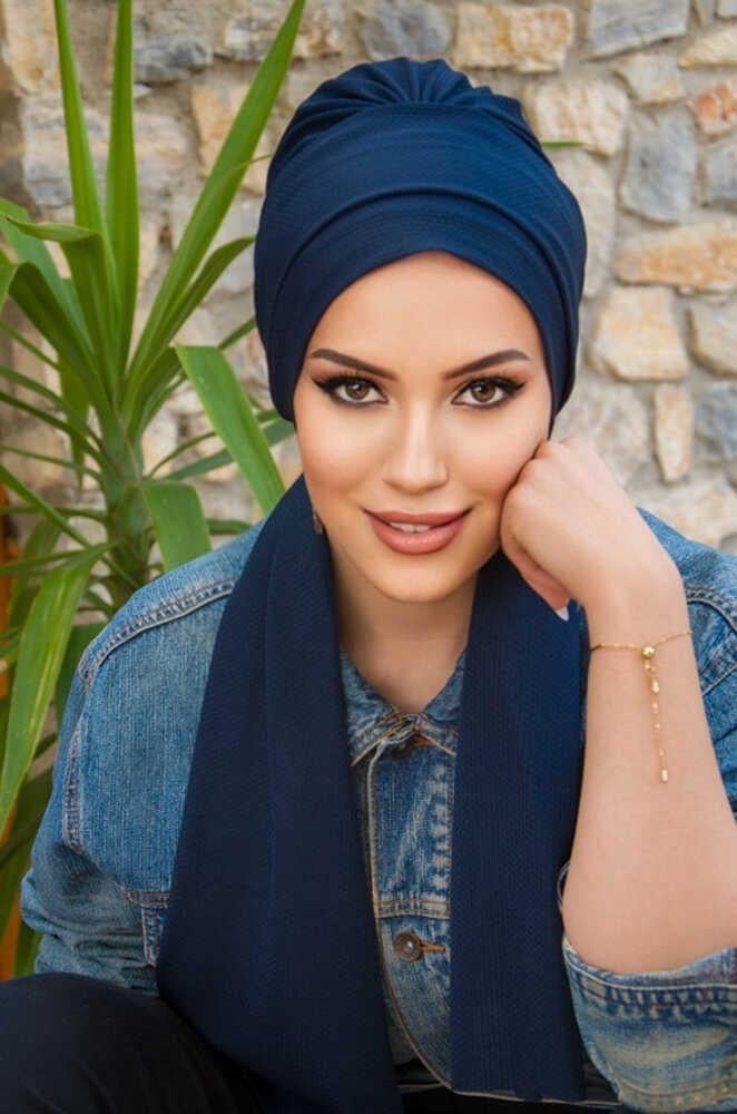 Koyu Lacivert Atkılı Tesettür Bone
