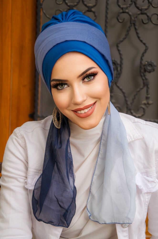 Koyu Mavi Batik Fularlı Desen Fularlı Bone