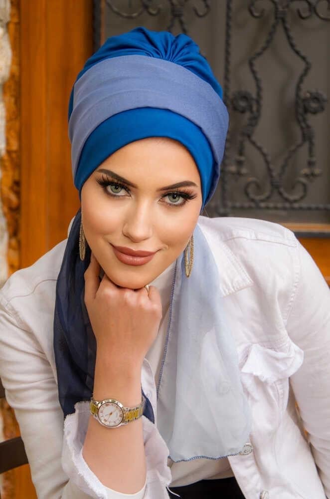 Koyu Mavi Batik Fularlı Desen Fularlı Bone