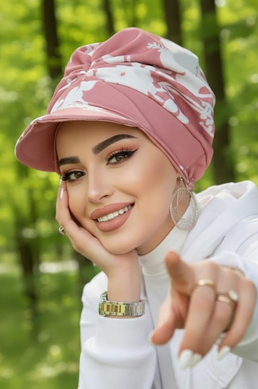 Koyu Pudra Beyaz Desen Bantlı Şapka Bone