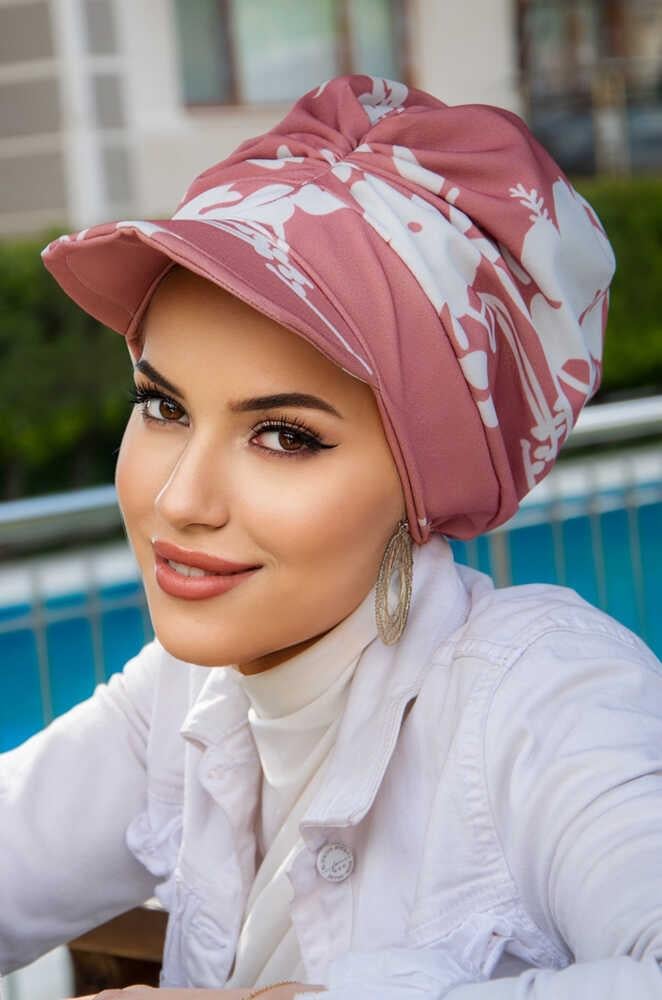 Koyu Pudra Beyaz Desen Bantlı Şapka Bone