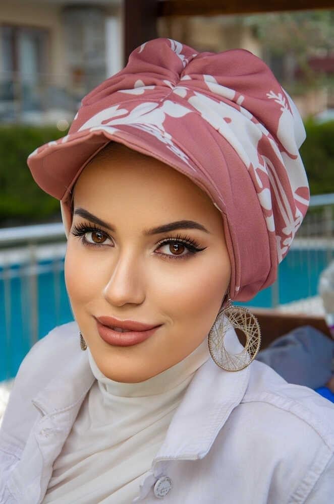 Koyu Pudra Beyaz Desen Bantlı Şapka Bone