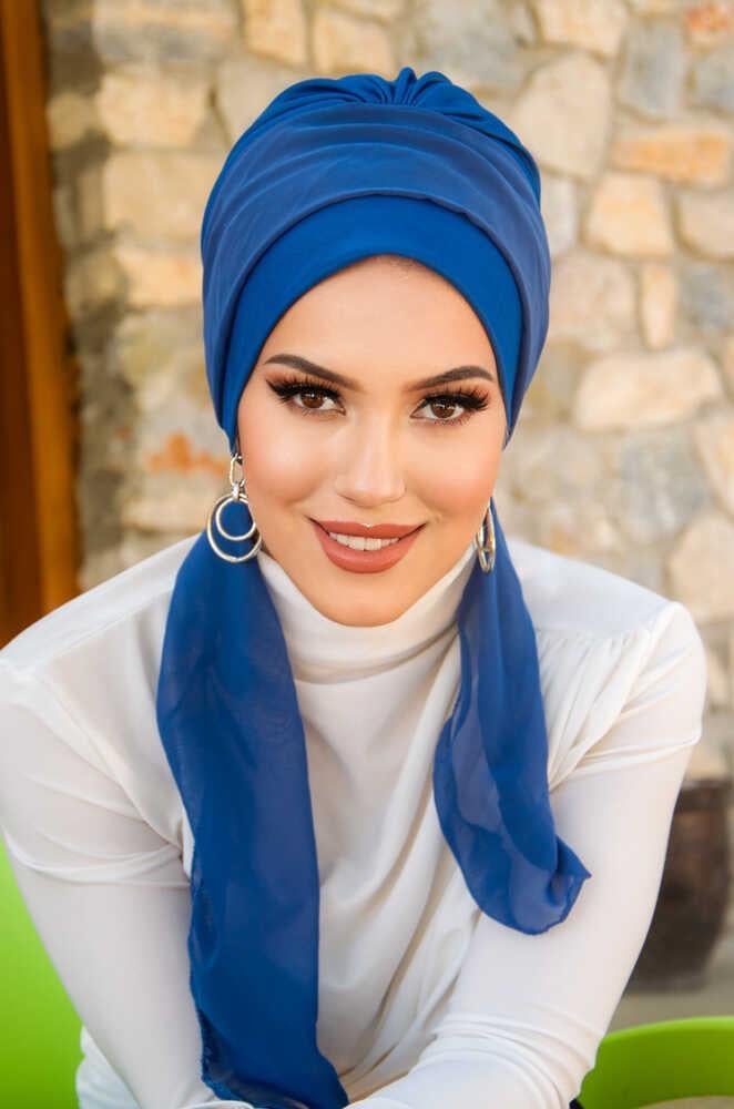 Koyu Saks Mavi Fularlı Bone