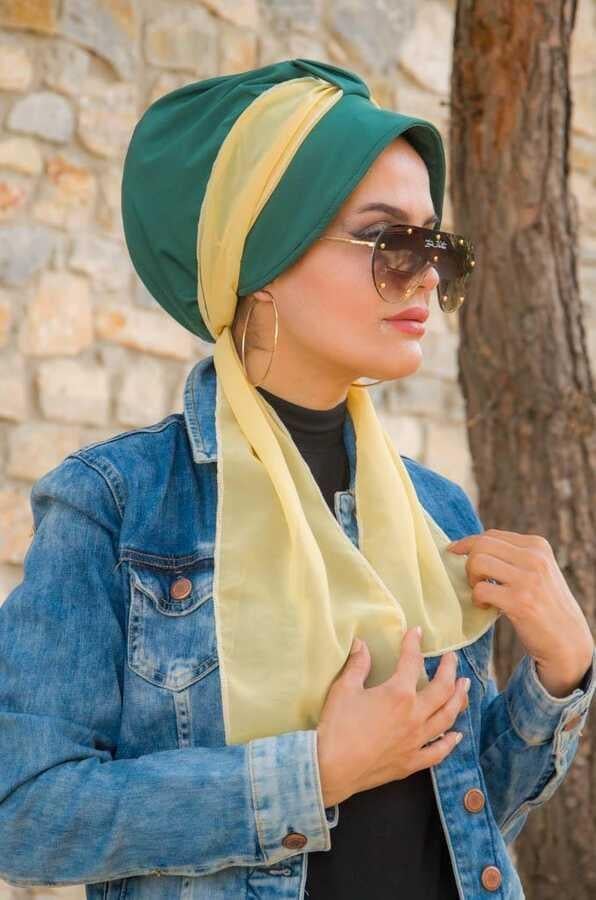 Koyu Yeşil Fularlı Şapka Bone