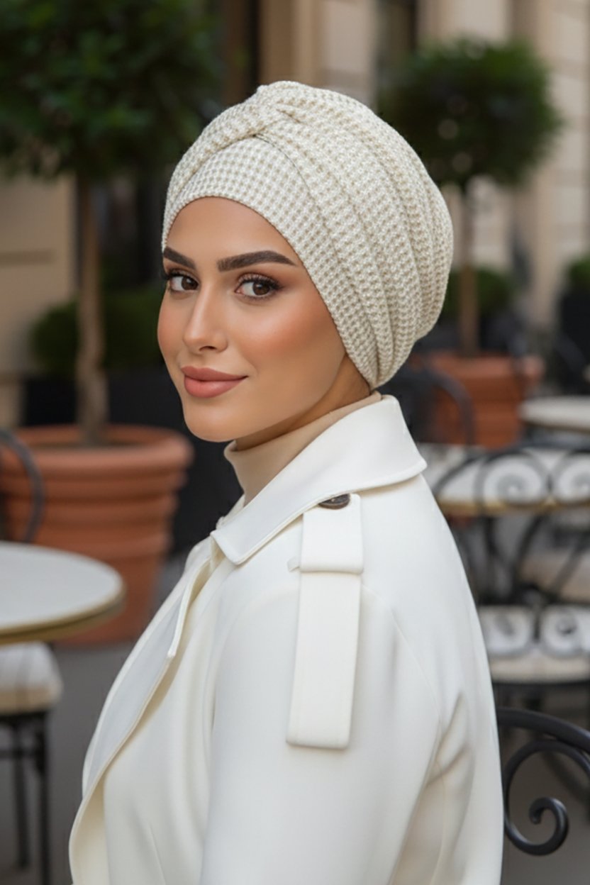 Krem Ajurlu Hazır Burgu Detaylı Bone