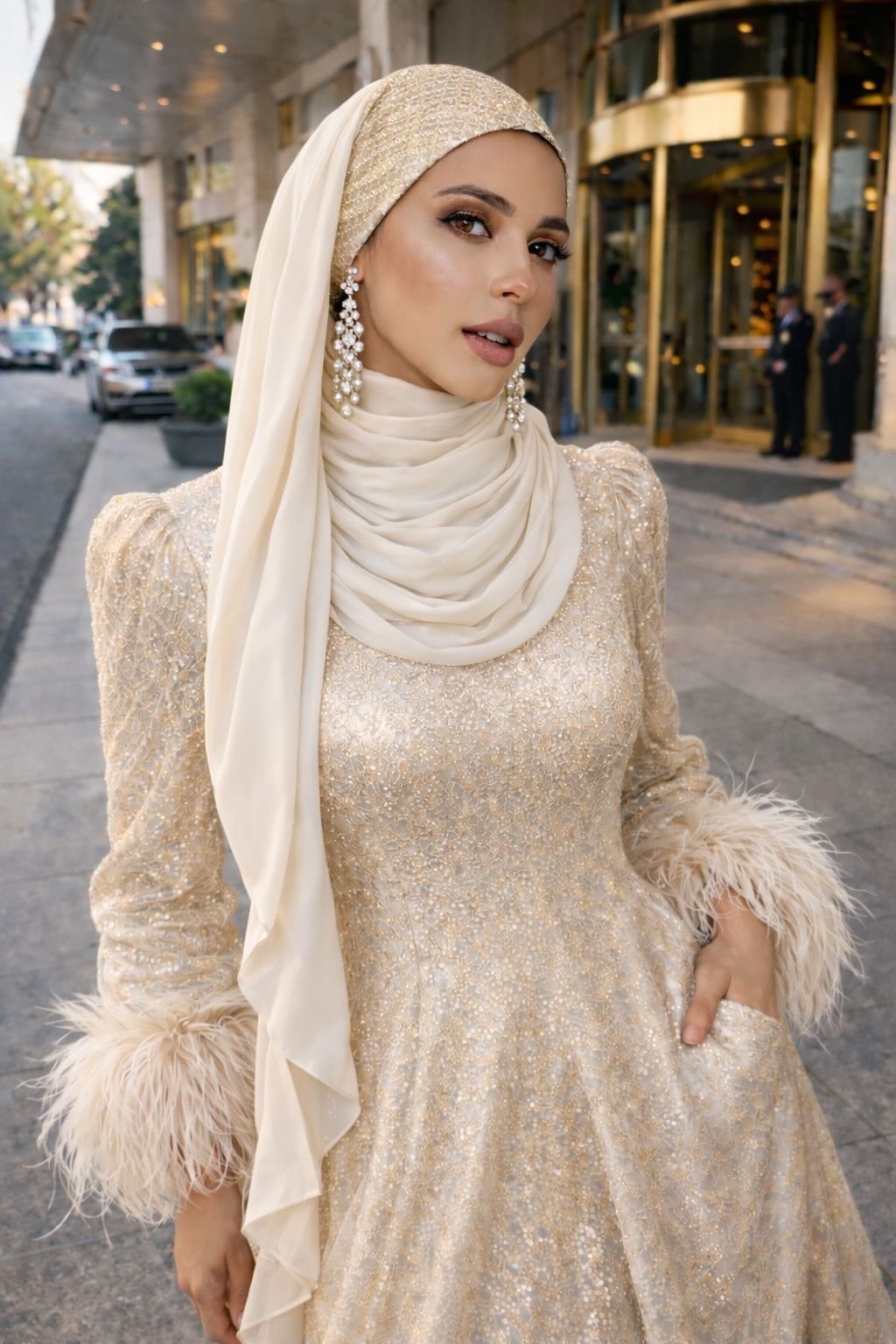 Krem Dore Işıltılı Abiye Şal