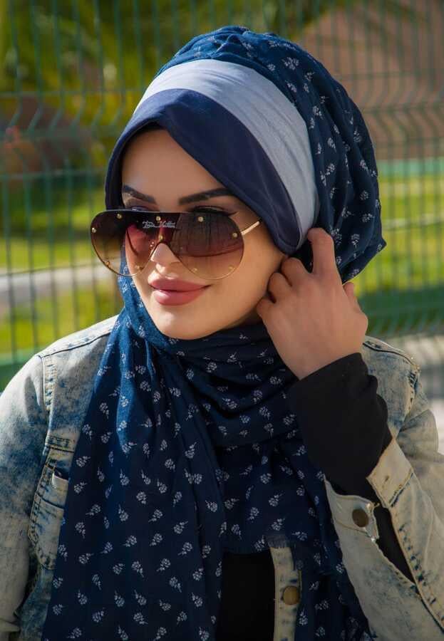 Lacivert Bantlı Dantelli Şapka Şal