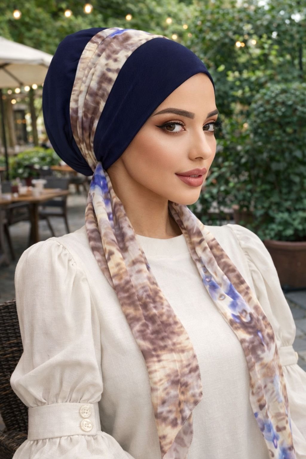 Lacivert Bej Çiçek Desen Fularlı Bone