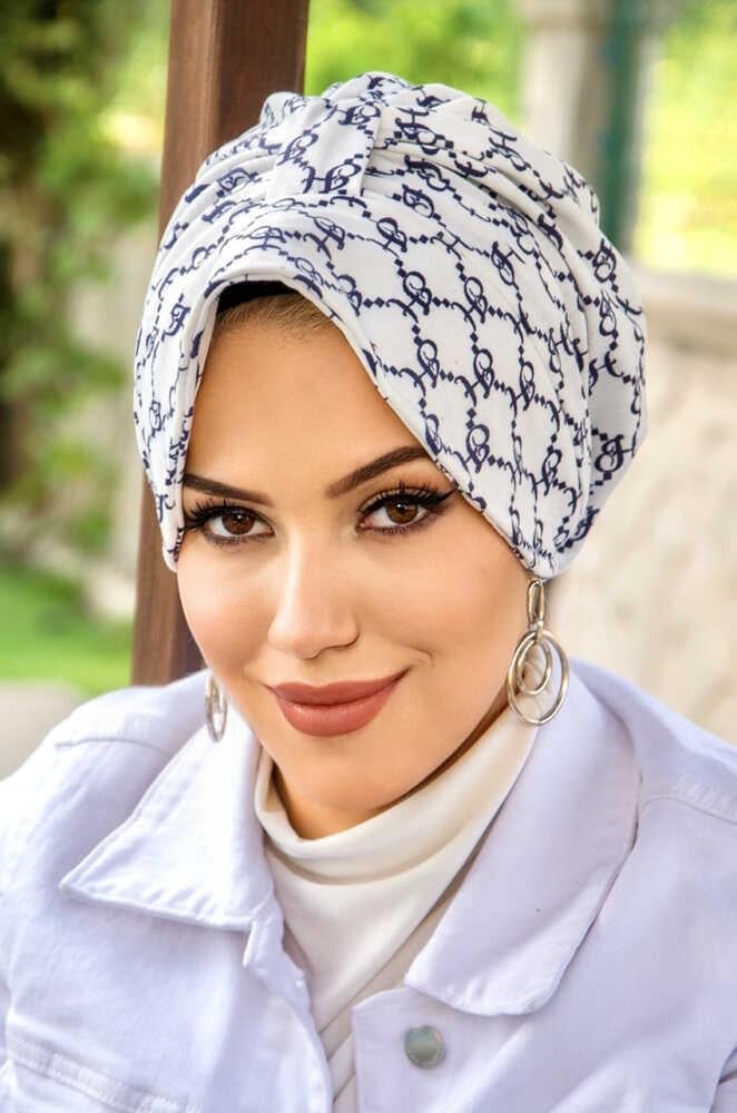 Lacivert Beyaz Hat Desenli Şapka Bone