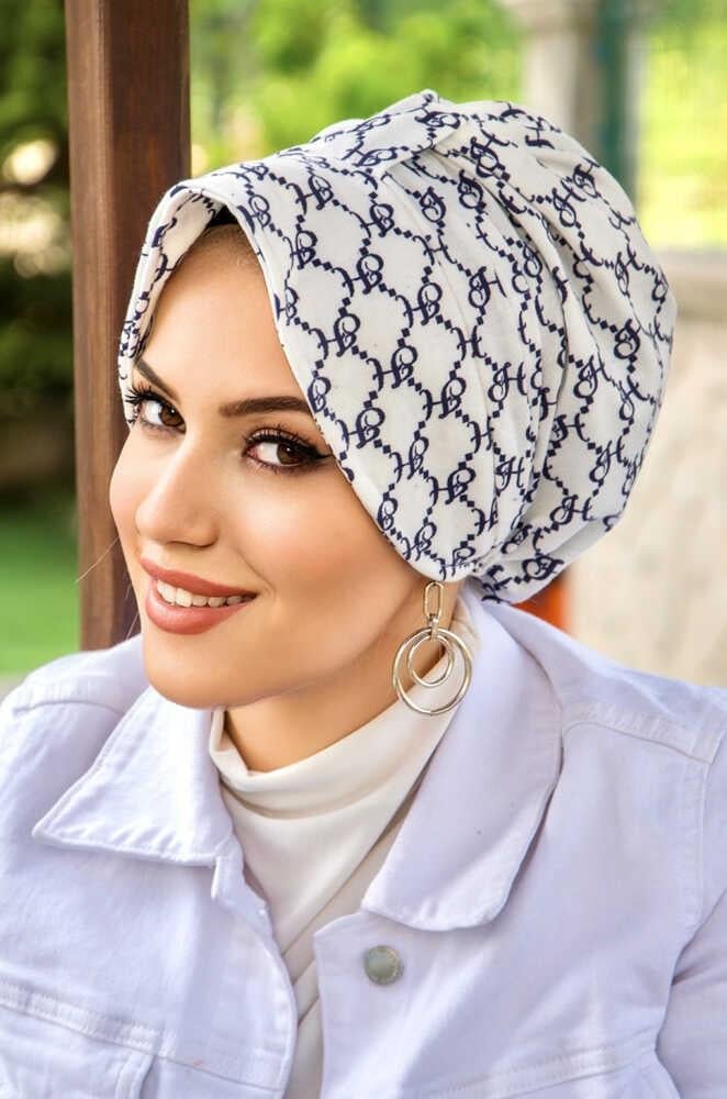 Lacivert Beyaz Hat Desenli Şapka Bone